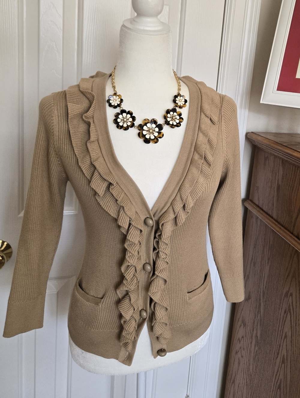 Talbots Neutral Ribbed And Ruffled Sweater - EUC